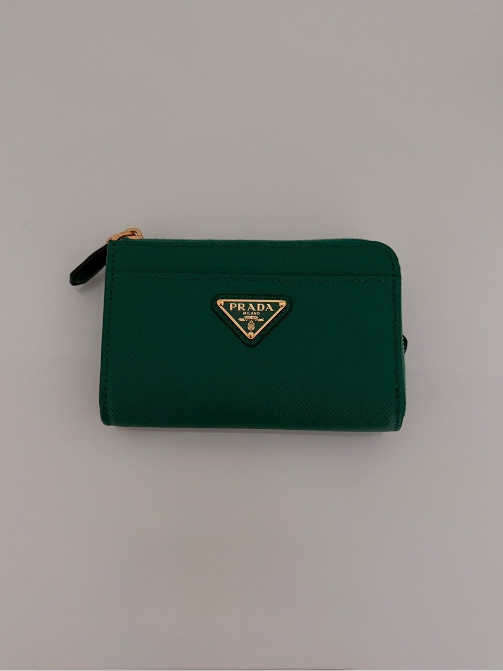 Prada Green Saffiano Zip Wallet with Gold Hardware
